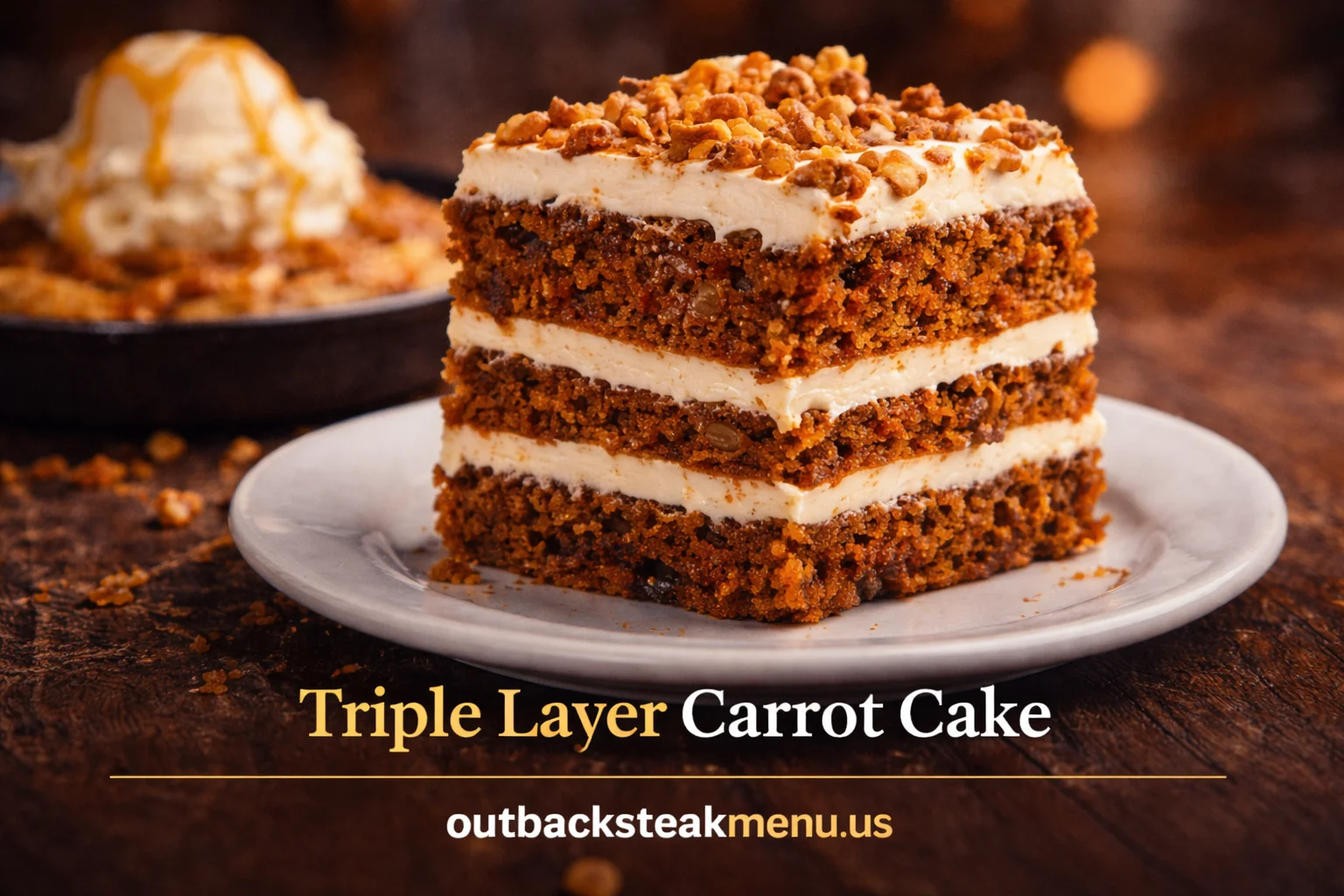 Triple Layer Carrot Cake from Outback Desserts Menu with cream cheese frosting and nut topping served on a plate