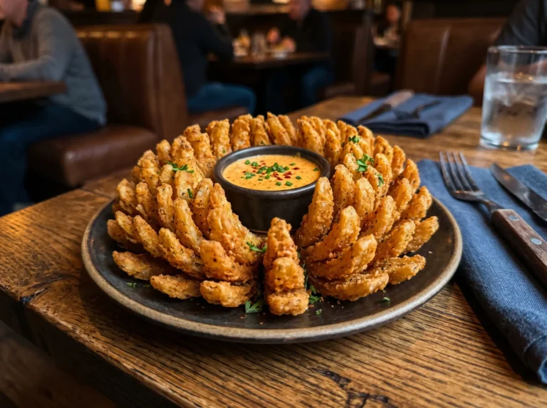 Crispy Outback Steakhouse Bloomin Onion appetizer with creamy dipping sauce on a warm restaurant table